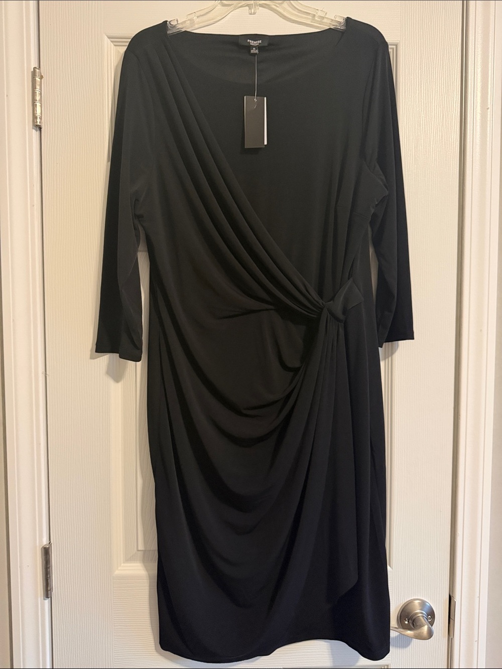 Premise Black Knot-Front Draped Long Sleeve Dress